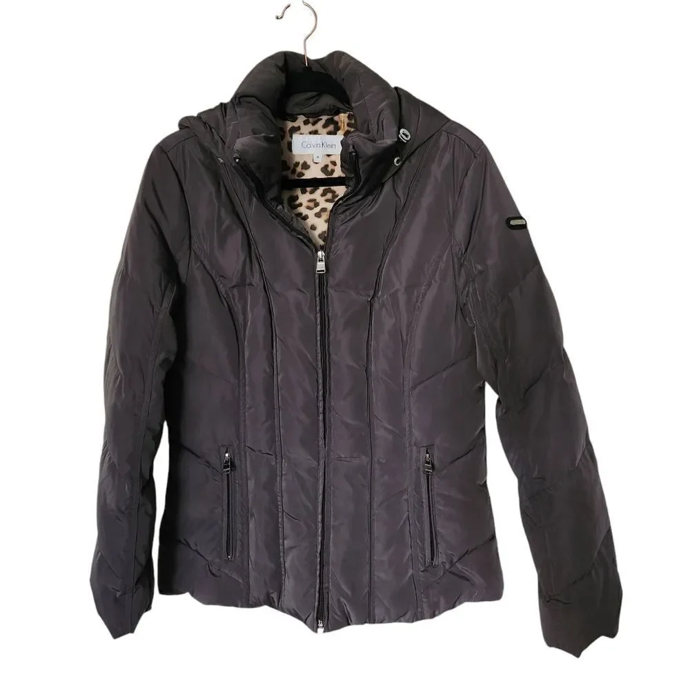 Calvin Klein Women's Dark Gray Hooded Puffer Jacket Zip Front Pockets Size Med